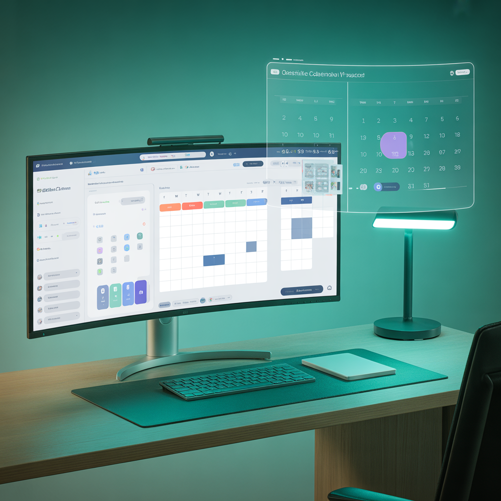 Premium smart desk setup with curved ultrawide monitor displaying productivity software, wireless keyboard, smart gesture-controlled lamp, holographic calendar interface floating above desk surface, teal and emerald color accents, professional product photography, no people